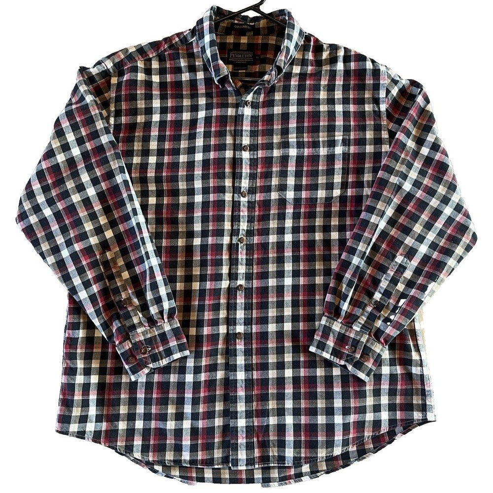 Pendleton Canterbury Shirt Button XL Cotton Wool Blend Plaid Black/Red/White